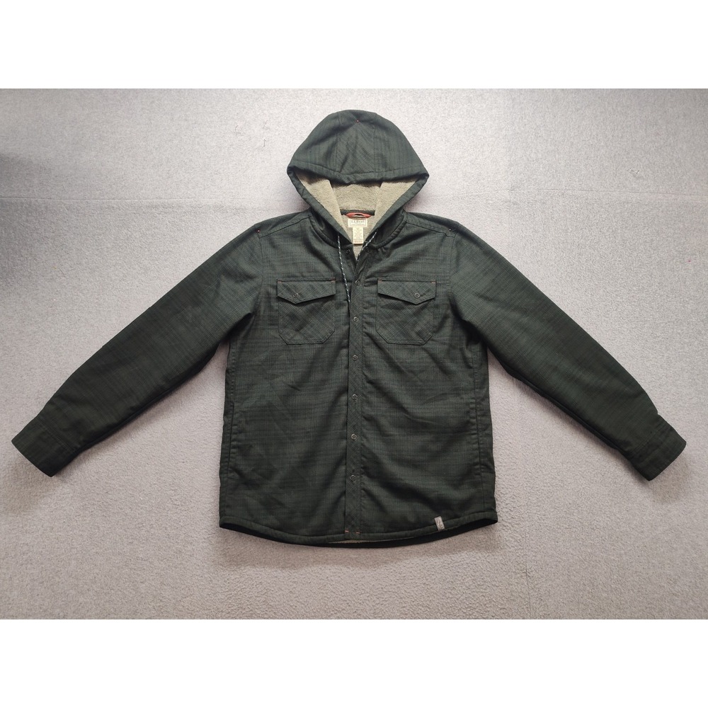 L L Bean Men Jacket M Green Plaid Long Sleeve Hooded Snap Closure Insulated Coat